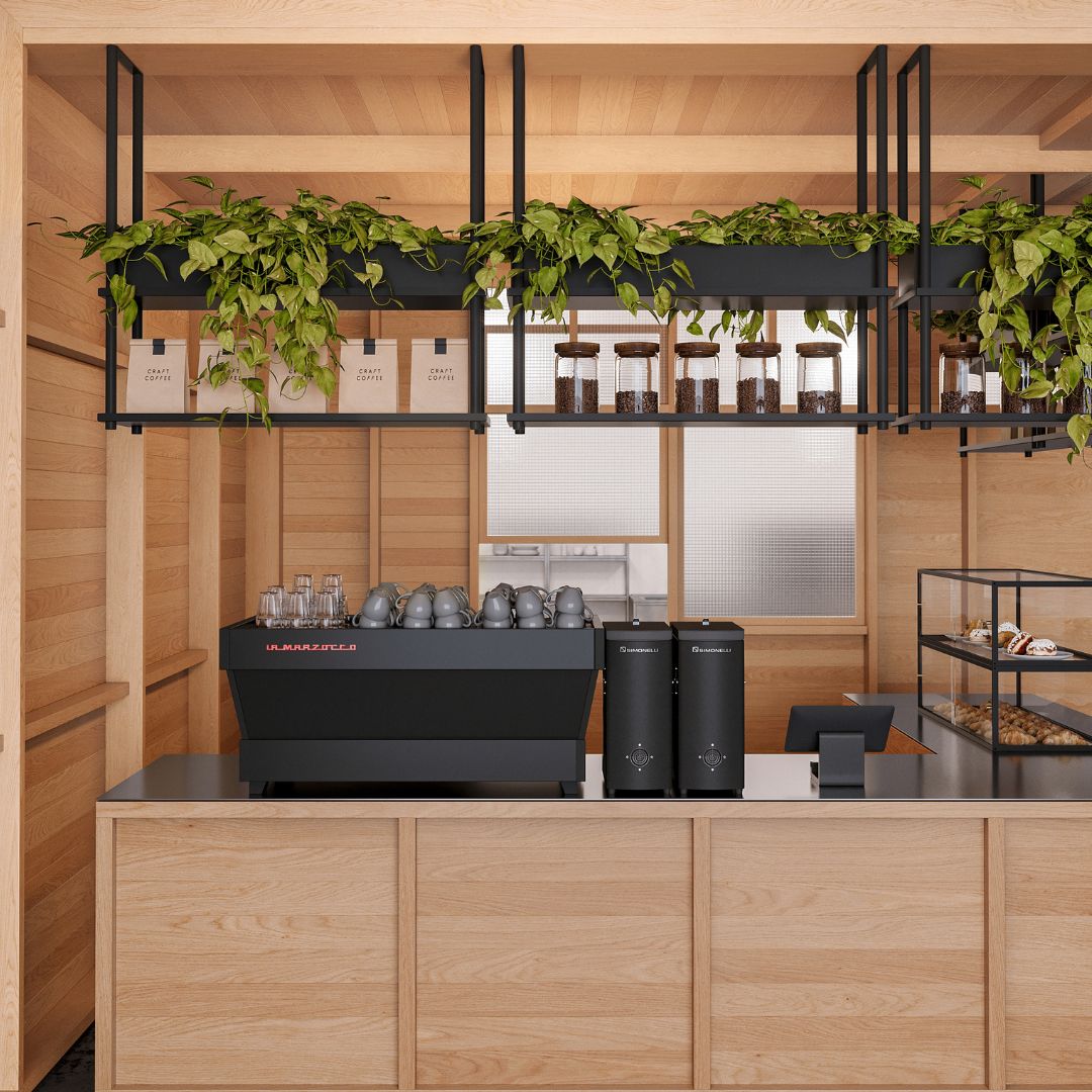 black ceiling mounted shelves filled with hanging plants behind a countertop at a cafe
