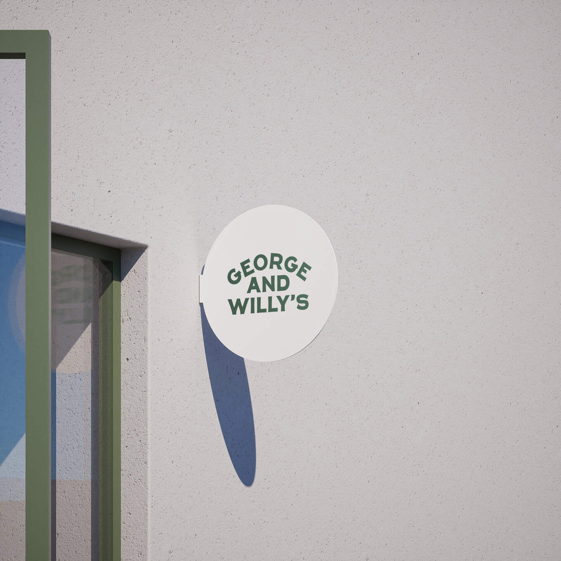 white circle blade wall sign with gren george & willy branding