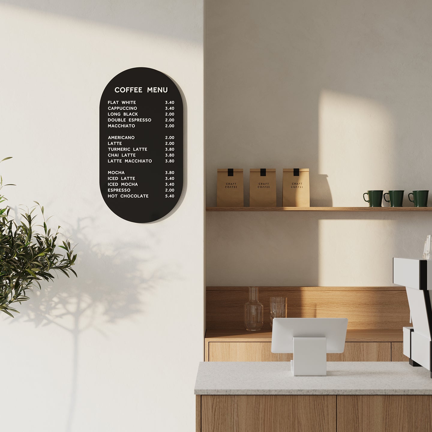 black curve magnetic menu board display installed by a coffee counter