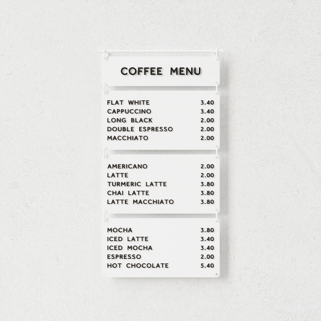 white hanging cafe menu