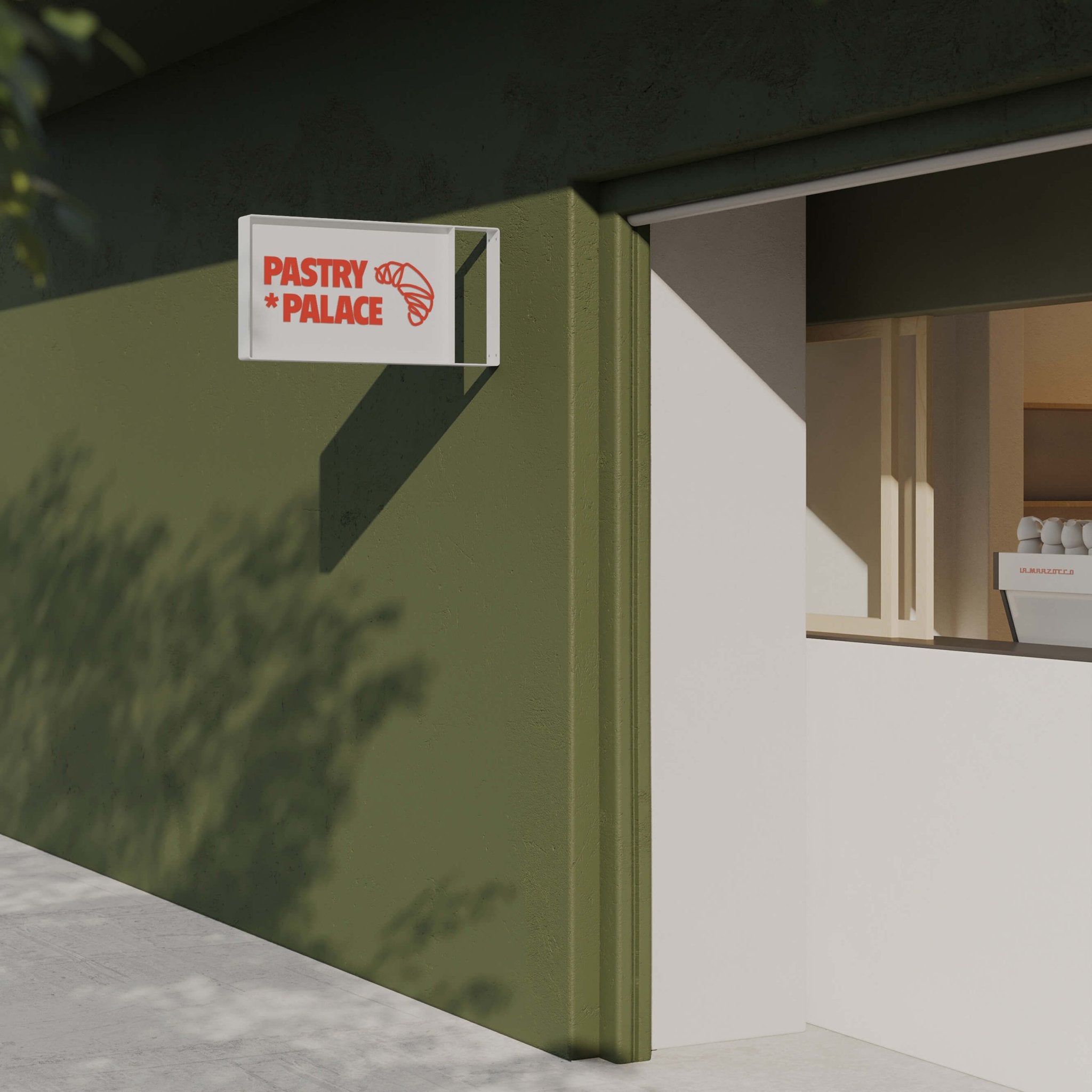 white rectangle panel blade sign on a green wall