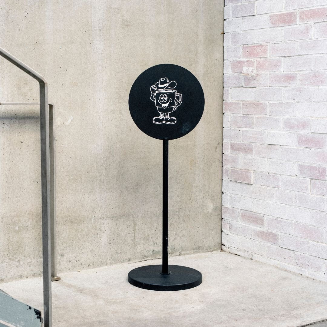 black advertising freestanding pavement sign with personalised coffee logo