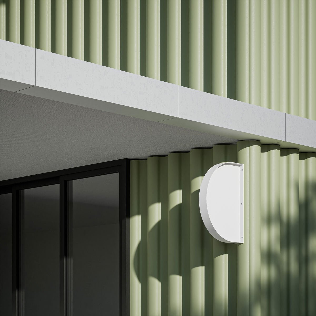 render of the semi-circle wall store sign installed on a green corrugated iron wall outside a retail shop