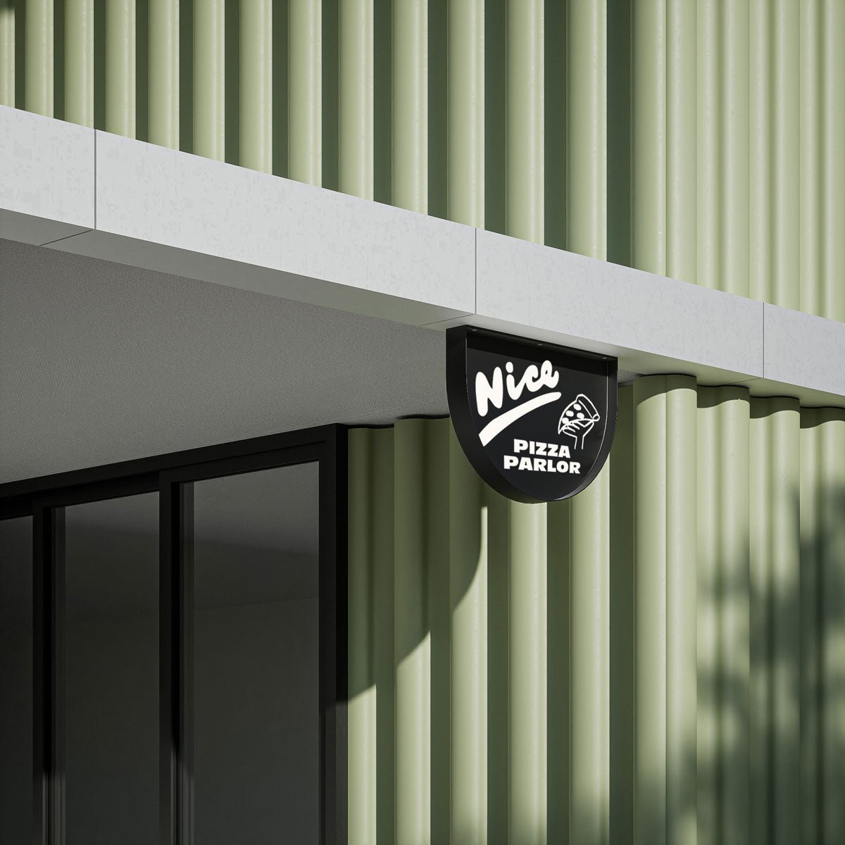 black half round wall-mounted store sign installed on a ceiling outside a shopfront