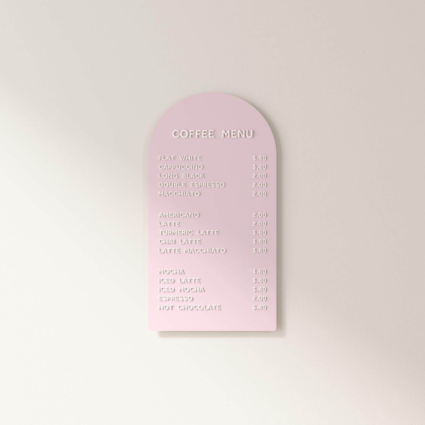 pink arch menu display with white letters displaying coffee menu