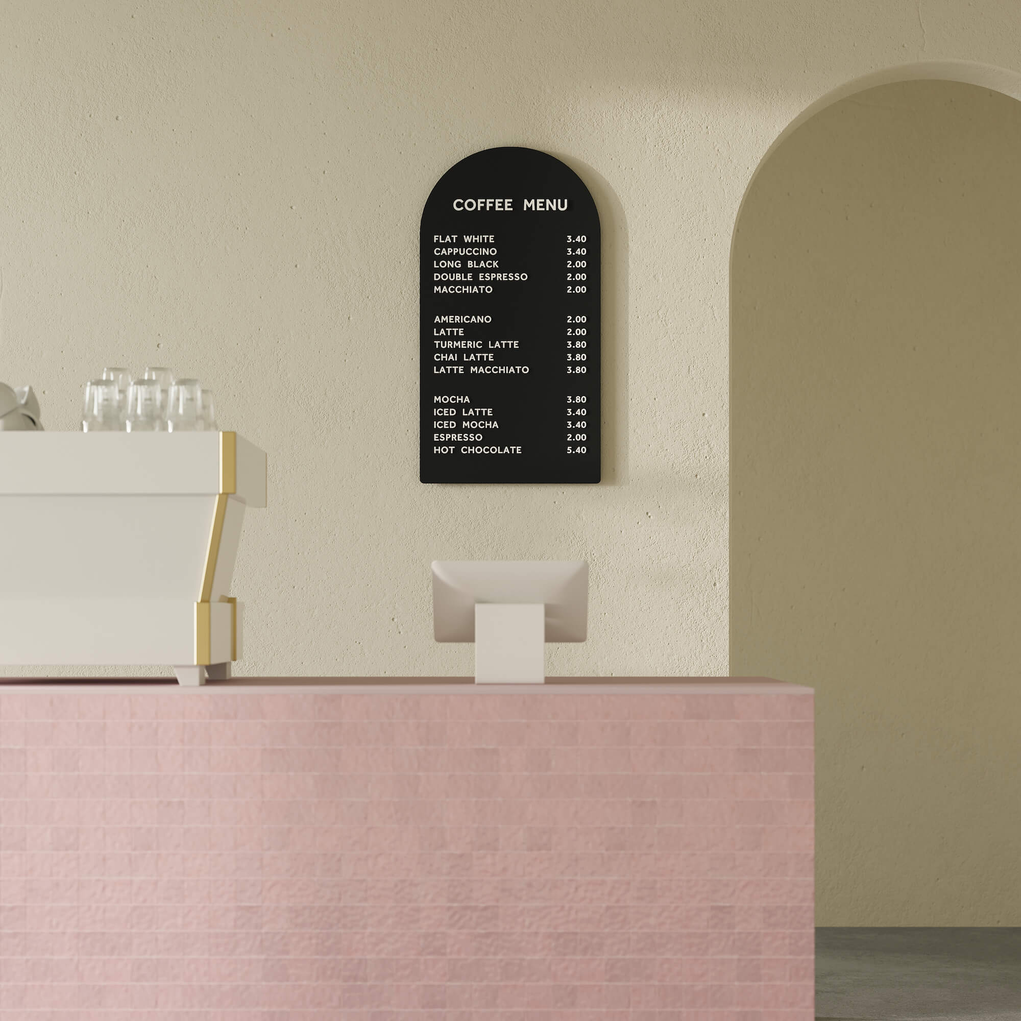black menu board display installed behind pink cafe counter