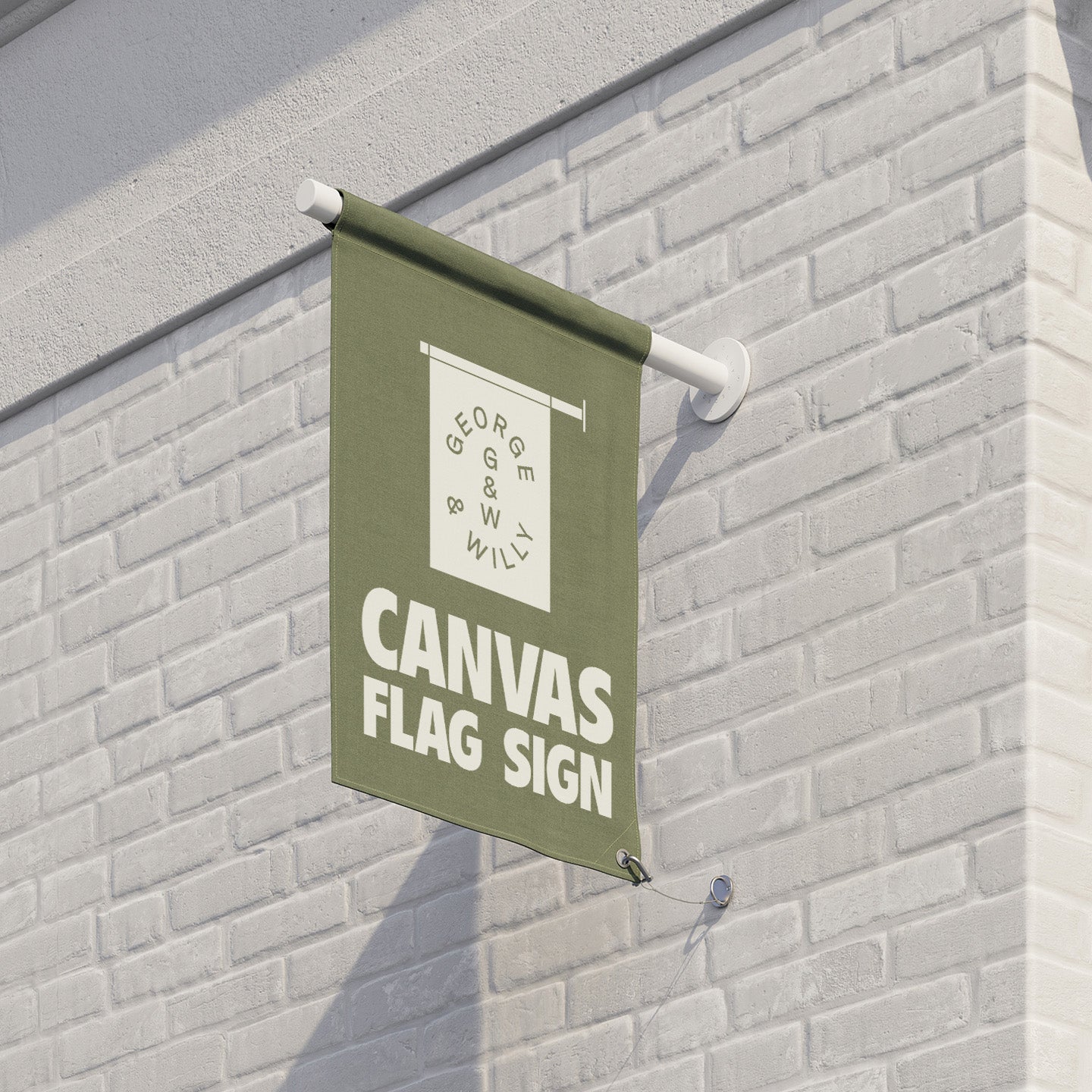 close up of green coloured canvas flag sign installed as a welcome sign