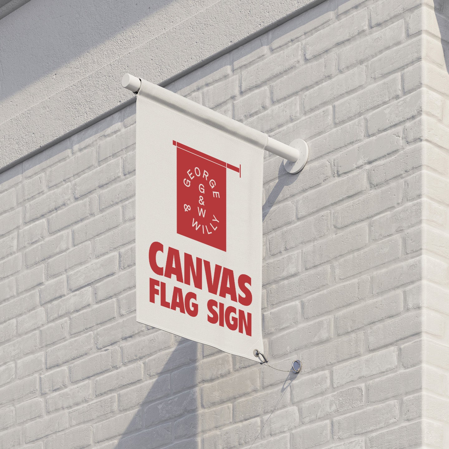 close up of white hanging canvas flag sign with red logo branding applied