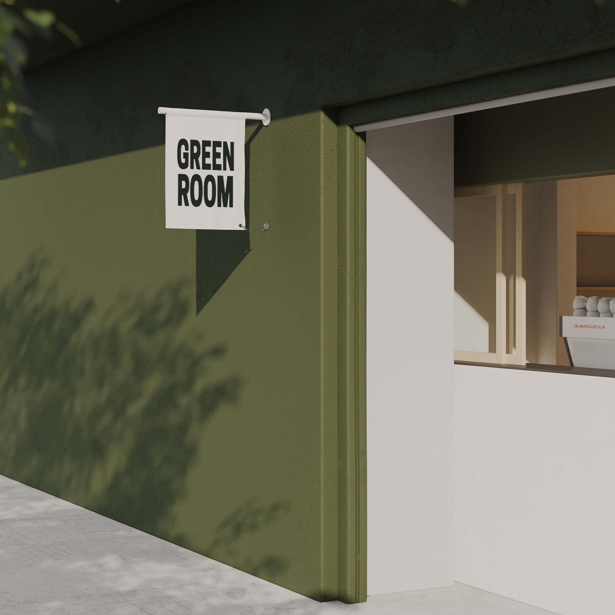 white canvas hanging flag sign wall-mounted on a green brick facade