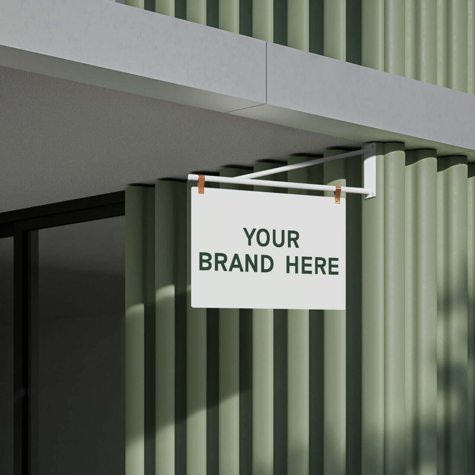 white large store hanging wall mounted sign installed on green corrugated iron