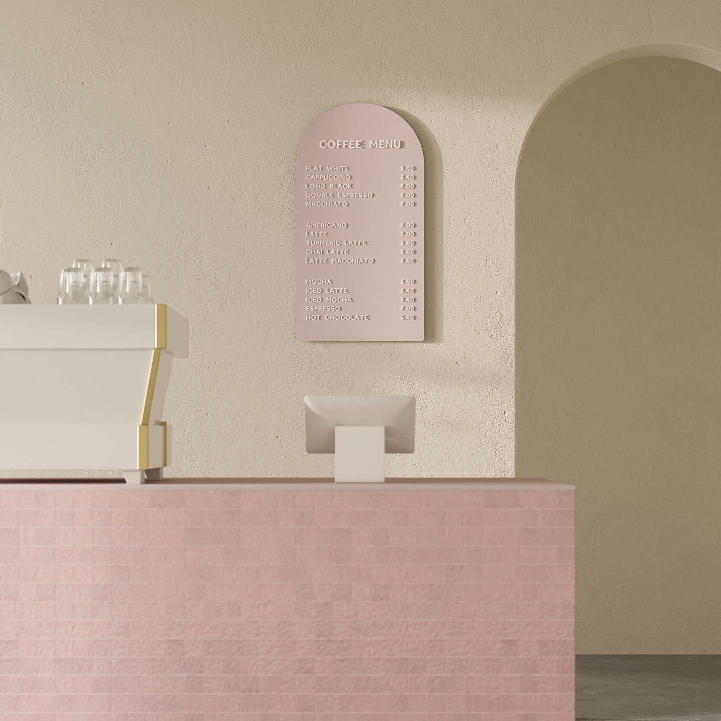 pink arch menu board behind a pink counter
