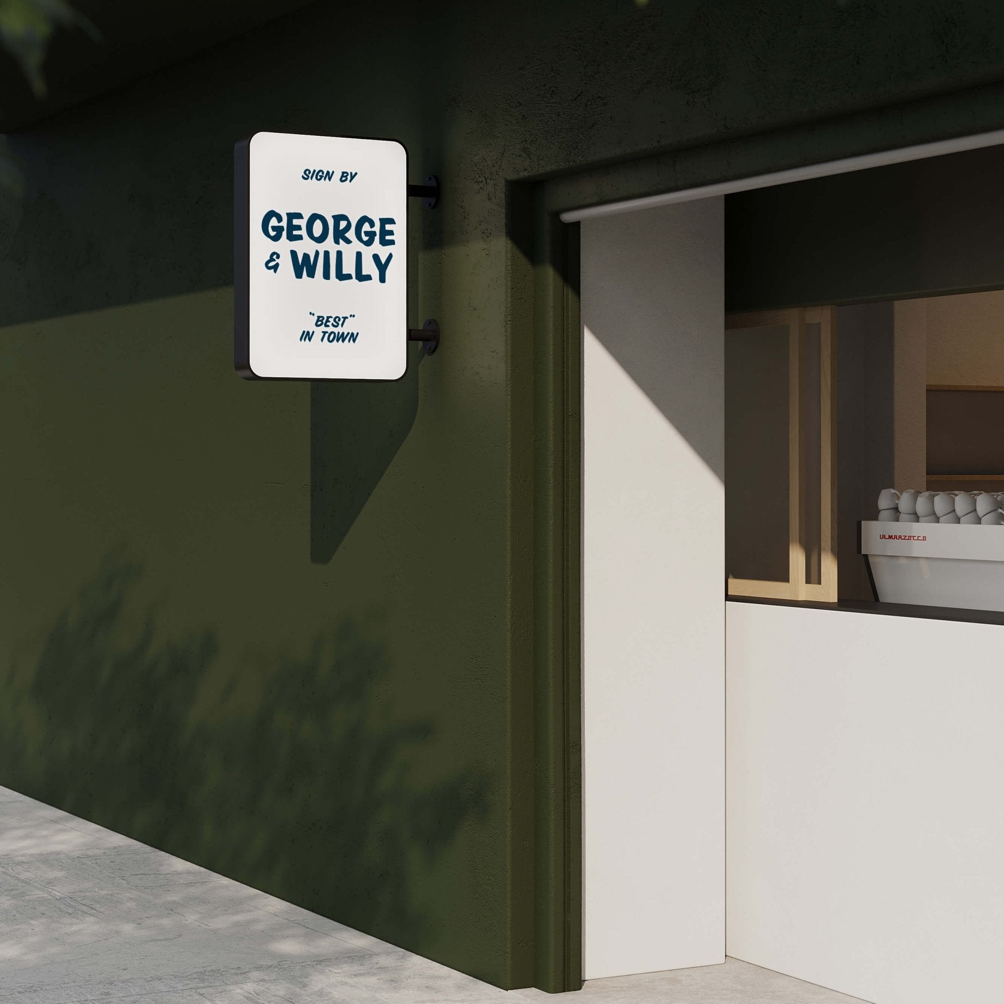 black and white wall-mounted rectangle LED lightbox sign installed on a green brick facade