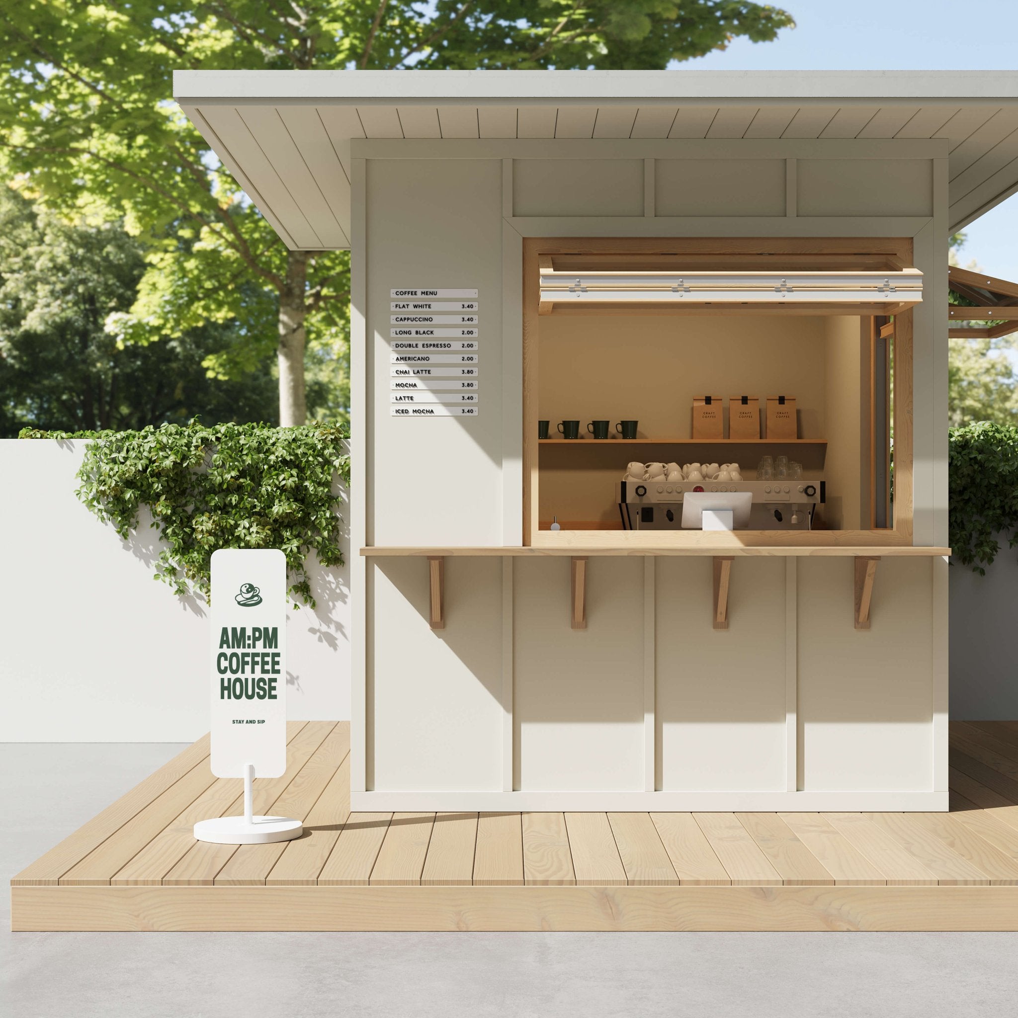 white large standing rectangle sign standing in front of a coffee kiosk