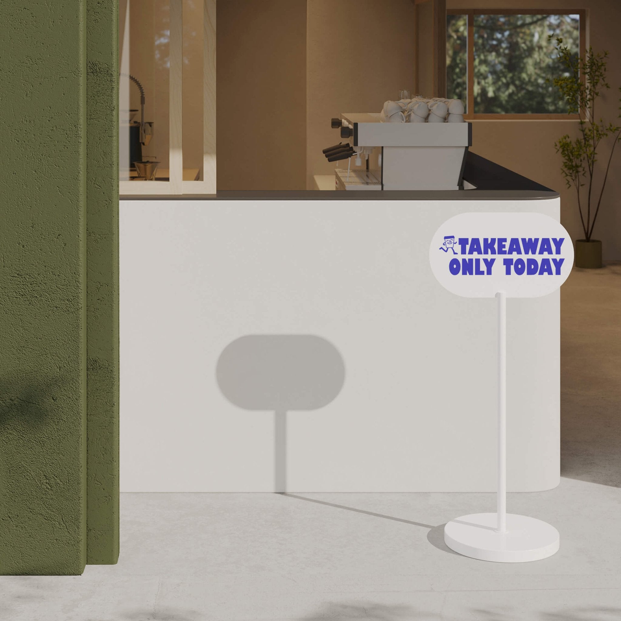 white freestanding curve wayfinding sign as a welcome sign in front of a coffee bar