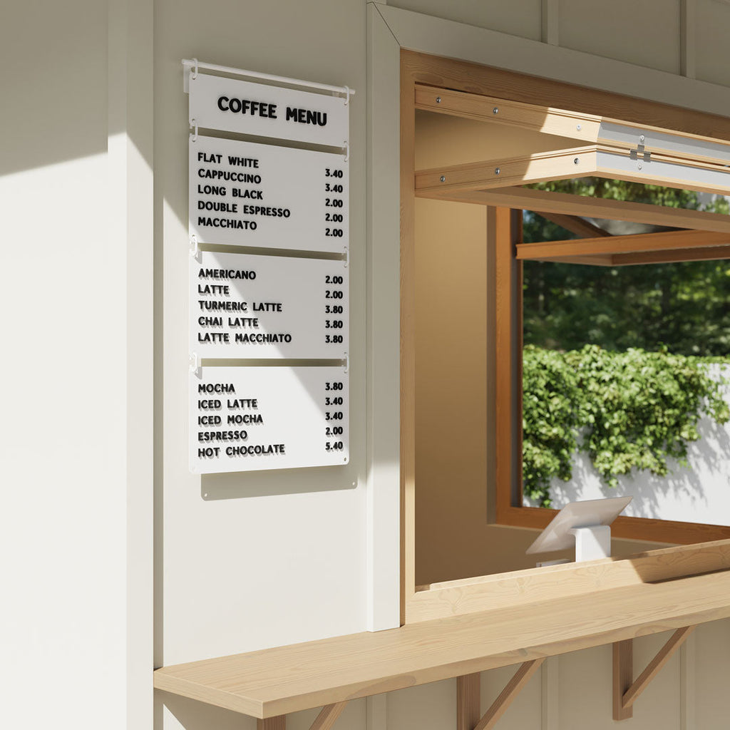 Hanging cafe menu, letter board, menu display