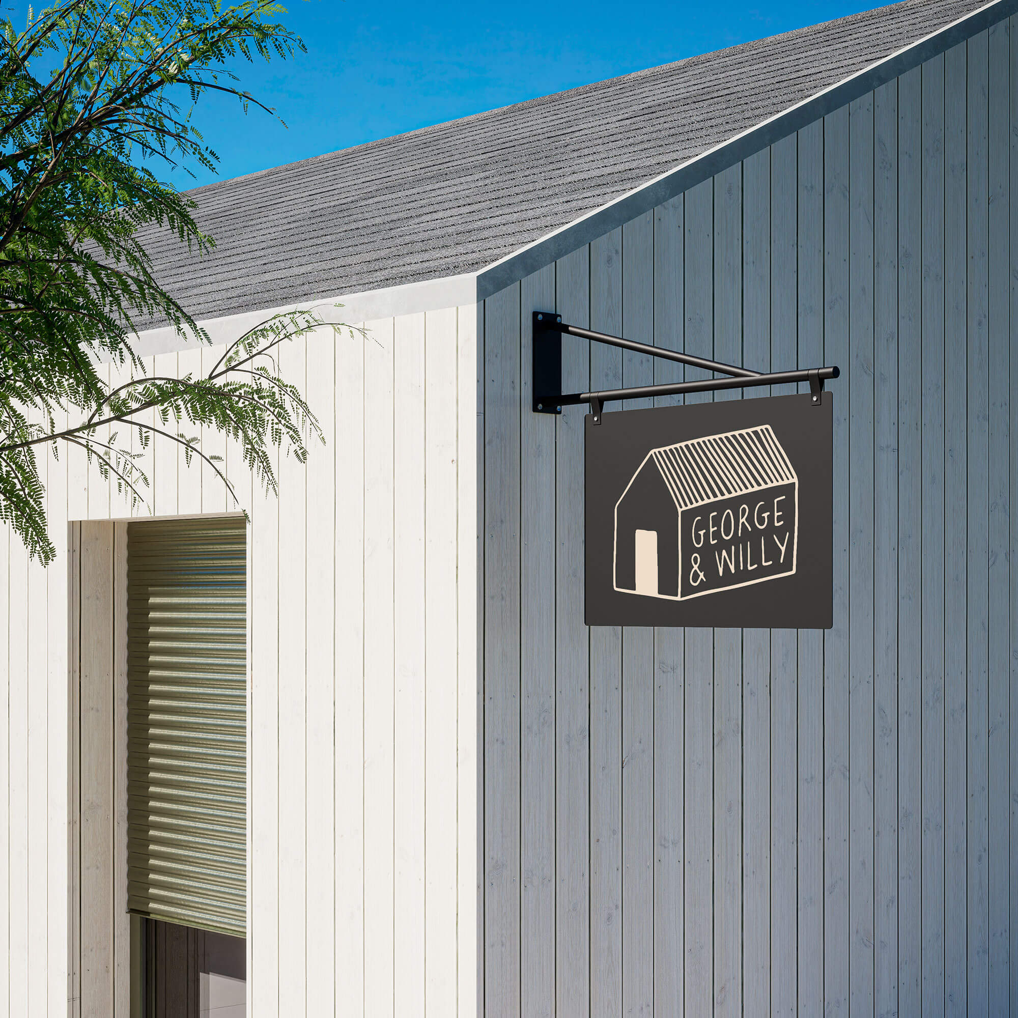 large general store business sign installed on wooden building with george & willy branding applied