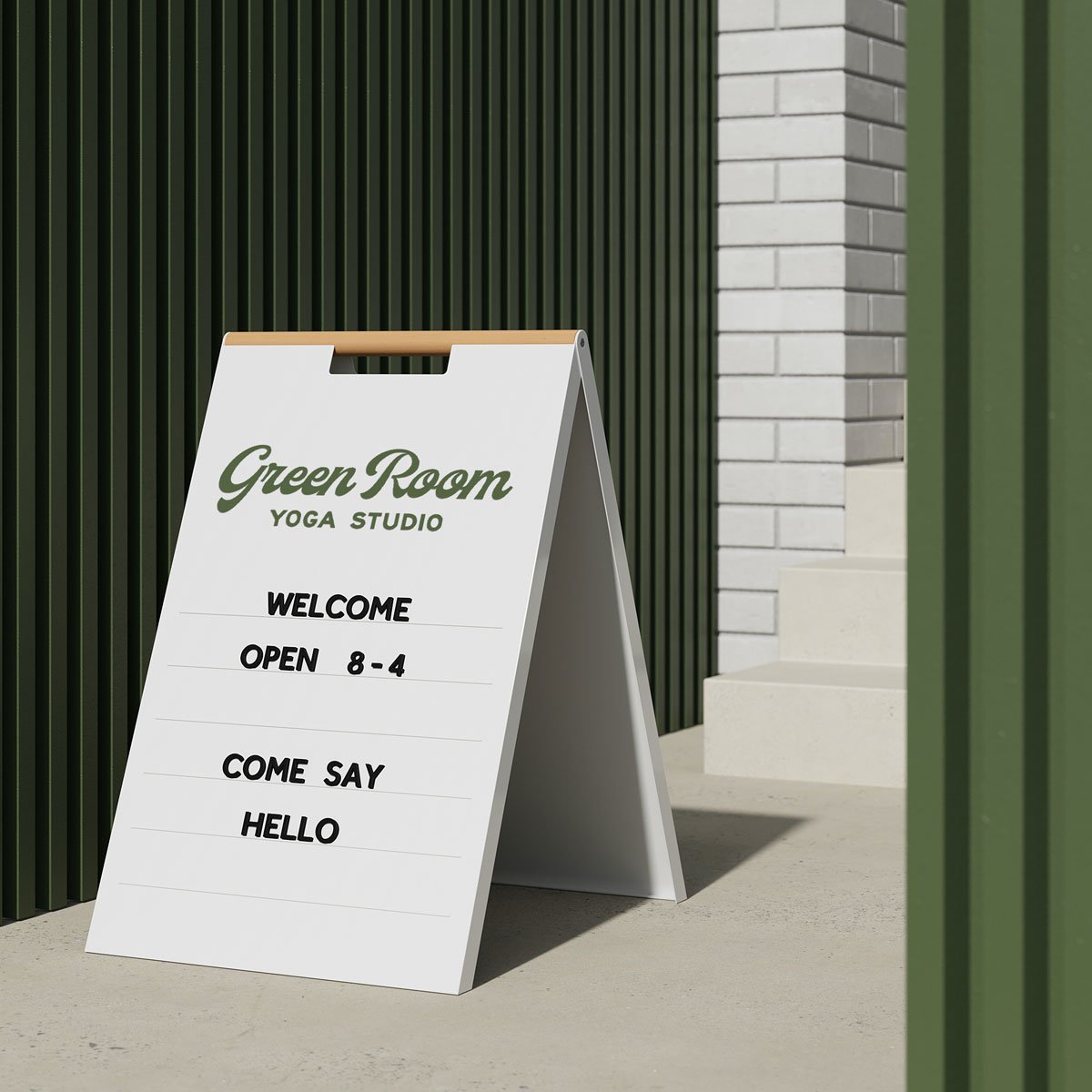 white magnetic letter sidewalk sign with branding up top and a message displayed on the sidewalk